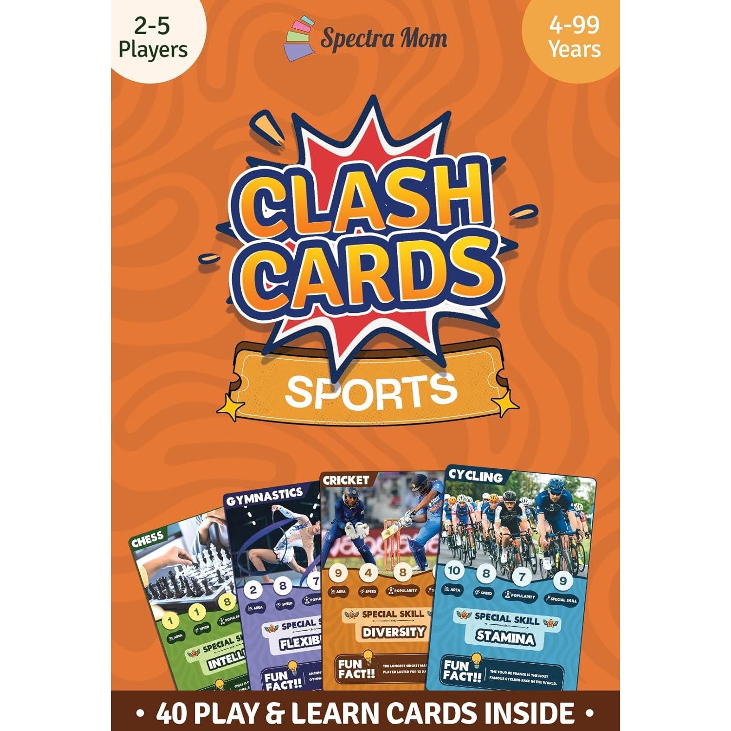 SPECTRA MOM Clash Cards - Sports | 40 Play & Learn Theme Based Trump Cards | Unlimited Ways to Play | No Screen Fun | Family Games Night | Players 2-5 | Ages 4-99