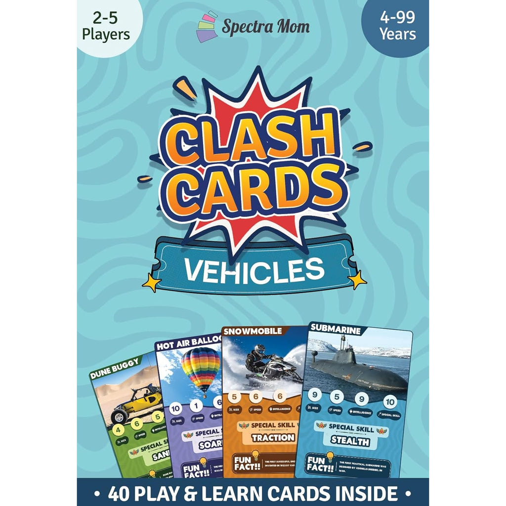 Clash Cards - Vehicles | 40 Play & Learn Theme Based Trump Cards | Unlimited Ways to Play | No Screen Fun | Family Games Night | Players 2-5 | Ages 4-99