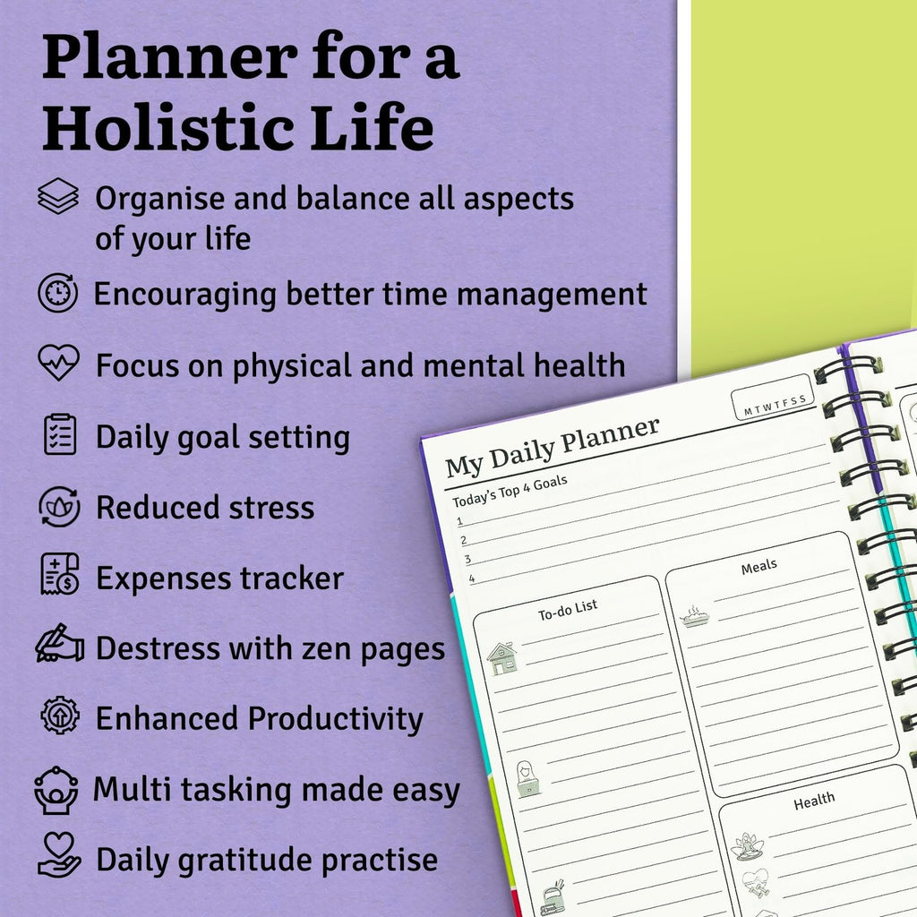 Spectra Planner (Focus) | Undated Daily Planner| A5 | Wiro Hard Bound | 90 GSM | 186 Pages | Box Packing | Zen Pages | Expense Tracker | Doodle Sheets I To Do Lists I Gratitude | Journal