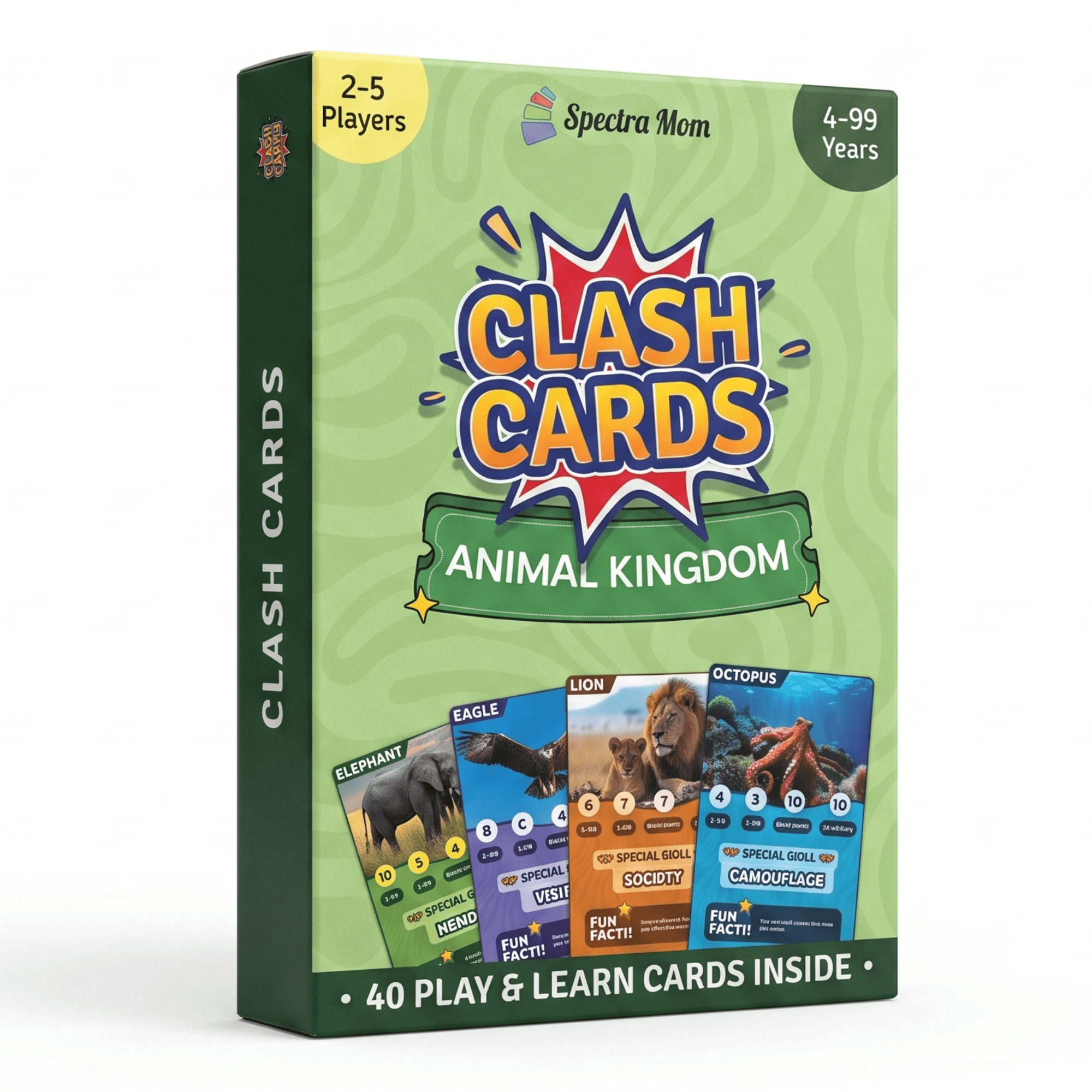 Clash Cards - Animal Kingdom | 40 Play & Learn Theme Based Trump Cards | Unlimited Ways to Play | No Screen Fun | Family Games Night | Players 2-5 | Ages 4-99 - Spectra Mom