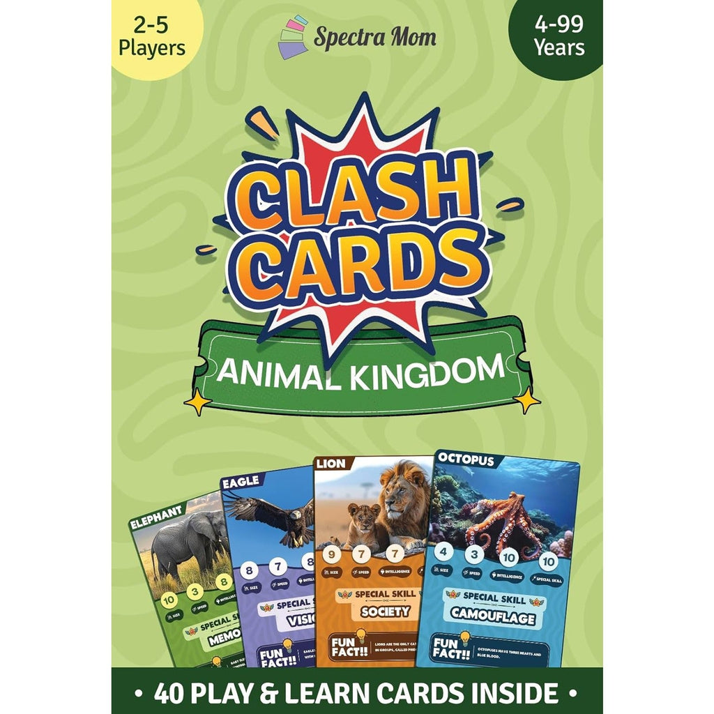 Clash Cards - Animal Kingdom | 40 Play & Learn Theme Based Trump Cards | Unlimited Ways to Play | No Screen Fun | Family Games Night | Players 2 - 5 | Ages 4 - 99 - Spectra Mom