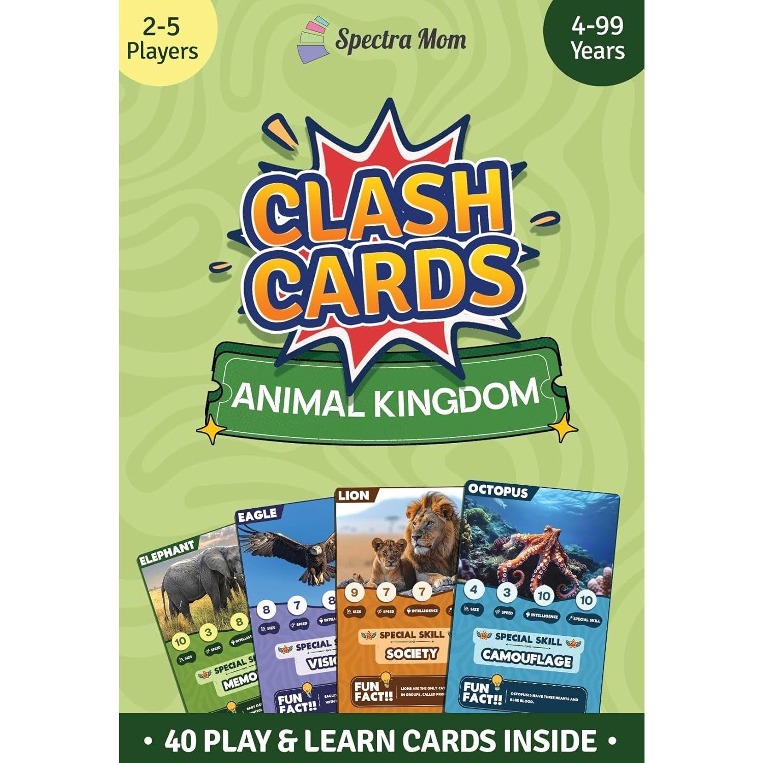 Clash Cards - Animal Kingdom | 40 Play & Learn Theme Based Trump Cards | Unlimited Ways to Play | No Screen Fun | Family Games Night | Players 2 - 5 | Ages 4 - 99 - Spectra Mom