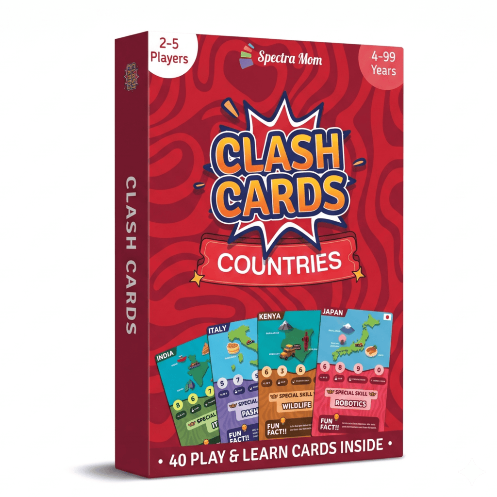 Clash Cards - Countries | 40 Play & Learn Theme Based Trump Cards | Unlimited Ways to Play | No Screen Fun | Family Games Night | Players 2-5 | Ages 4-99 - Spectra Mom