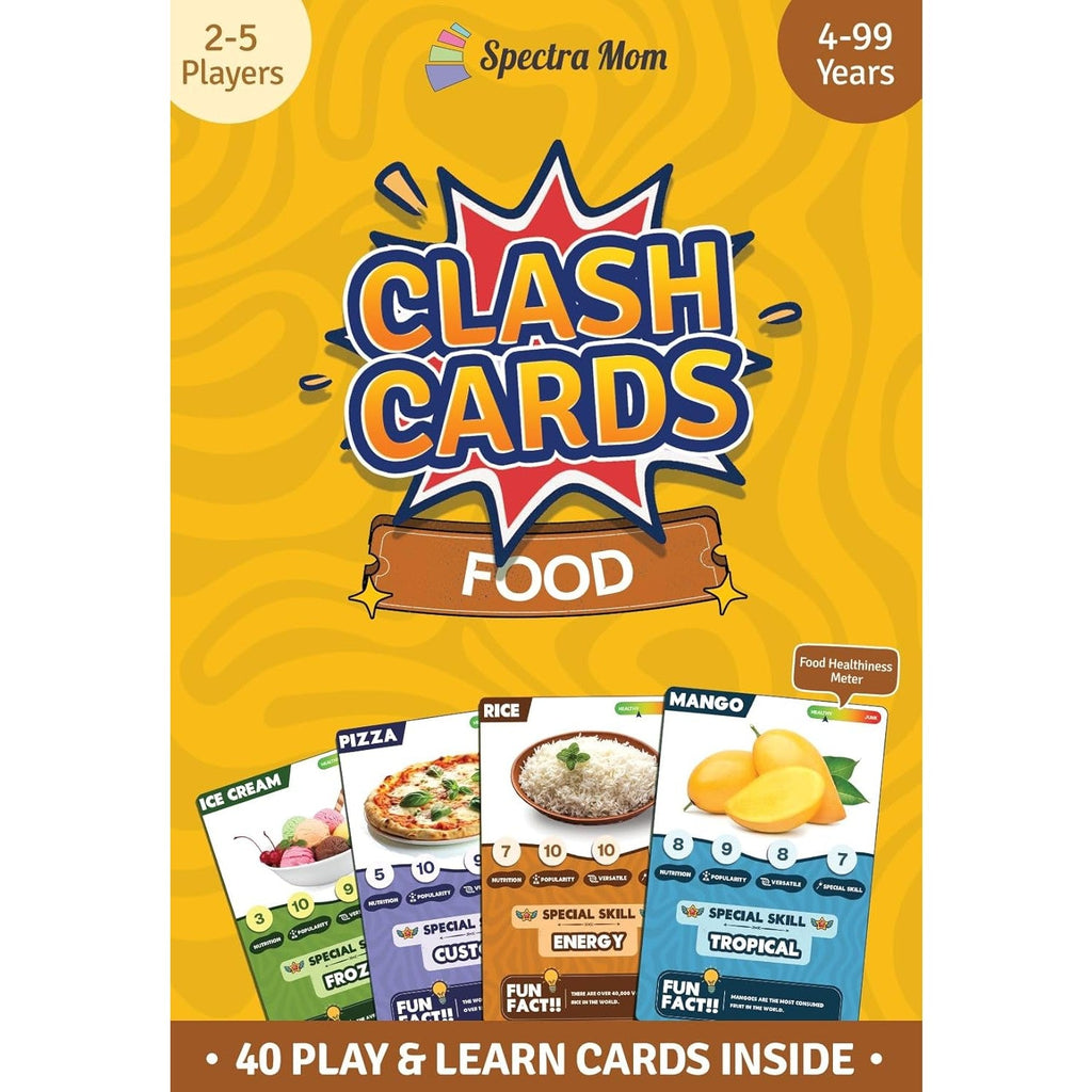 Clash Cards - Food | 40 Play & Learn Theme Based Trump Cards | Unlimited Ways to Play | No Screen Fun | Family Games Night | Players 2 - 5 | Ages 4 - 99 - Spectra Mom
