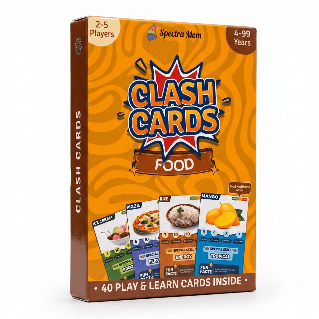 Clash Cards - Food | 40 Play & Learn Theme Based Trump Cards | Unlimited Ways to Play | No Screen Fun | Family Games Night | Players 2-5 | Ages 4-99 - Spectra Mom