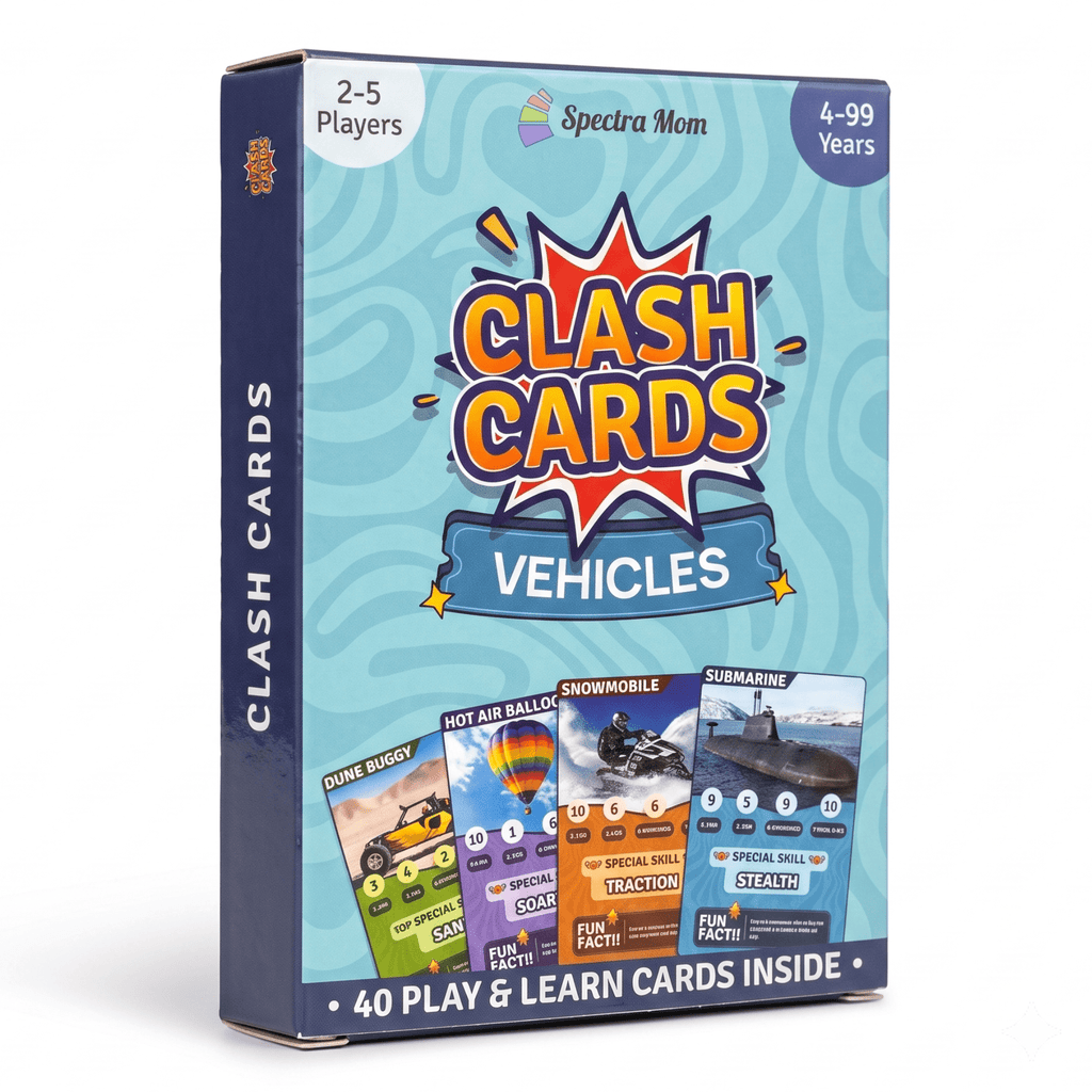 Clash Cards - Vehicles | 40 Play & Learn Theme Based Trump Cards | Unlimited Ways to Play | No Screen Fun | Family Games Night | Players 2-5 | Ages 4-99 - Spectra Mom