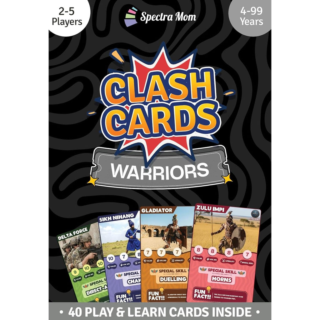 Clash Cards - Warriors | 40 Play & Learn Theme Based Trump Cards | Unlimited Ways to Play | No Screen Fun | Family Games Night | Players 2 - 5 | Ages 4 - 99 (Copy) - Spectra Mom