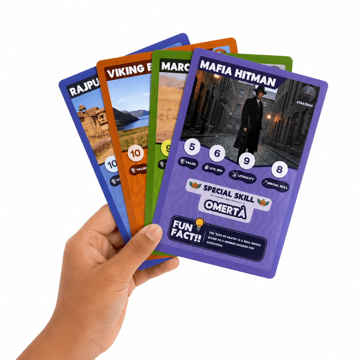 Clash Cards - Warriors | 40 Play & Learn Theme Based Trump Cards | Unlimited Ways to Play | No Screen Fun | Family Games Night | Players 2-5 | Ages 4-99 (Copy) - Spectra Mom