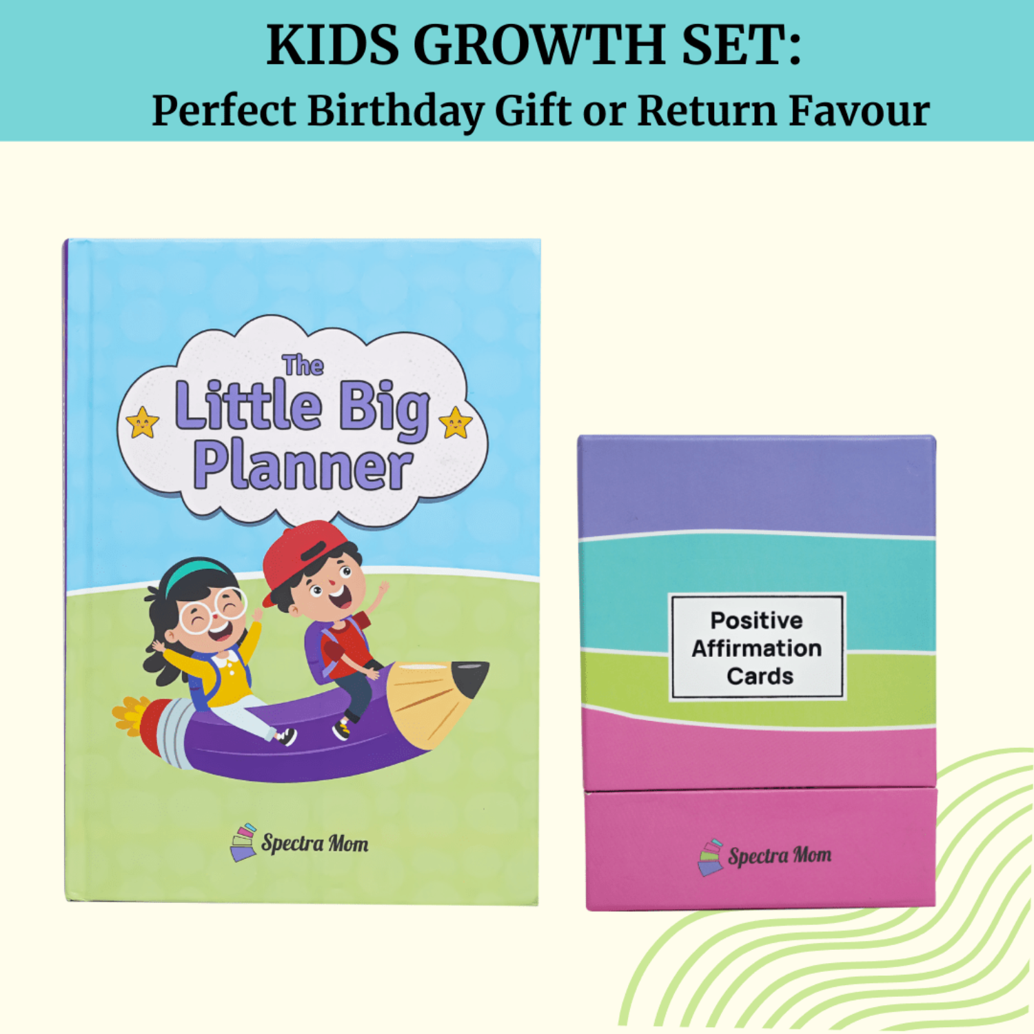 Kids Growth Set | The Little Big Planner & Positive Affirmation Cards for Kids | Daily Planning, Gratitude Journal, Emotional Check - ins & Confidence Building for Children - Spectra Mom