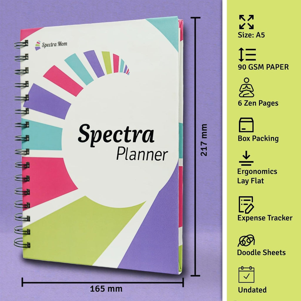 Spectra Planner (Focus) | Undated Daily Planner| A5 | Wiro Hard Bound | 90 GSM | 186 Pages | Box Packing | Zen Pages | Expense Tracker | Doodle Sheets I To Do Lists I Gratitude | Journal - Spectra Mom