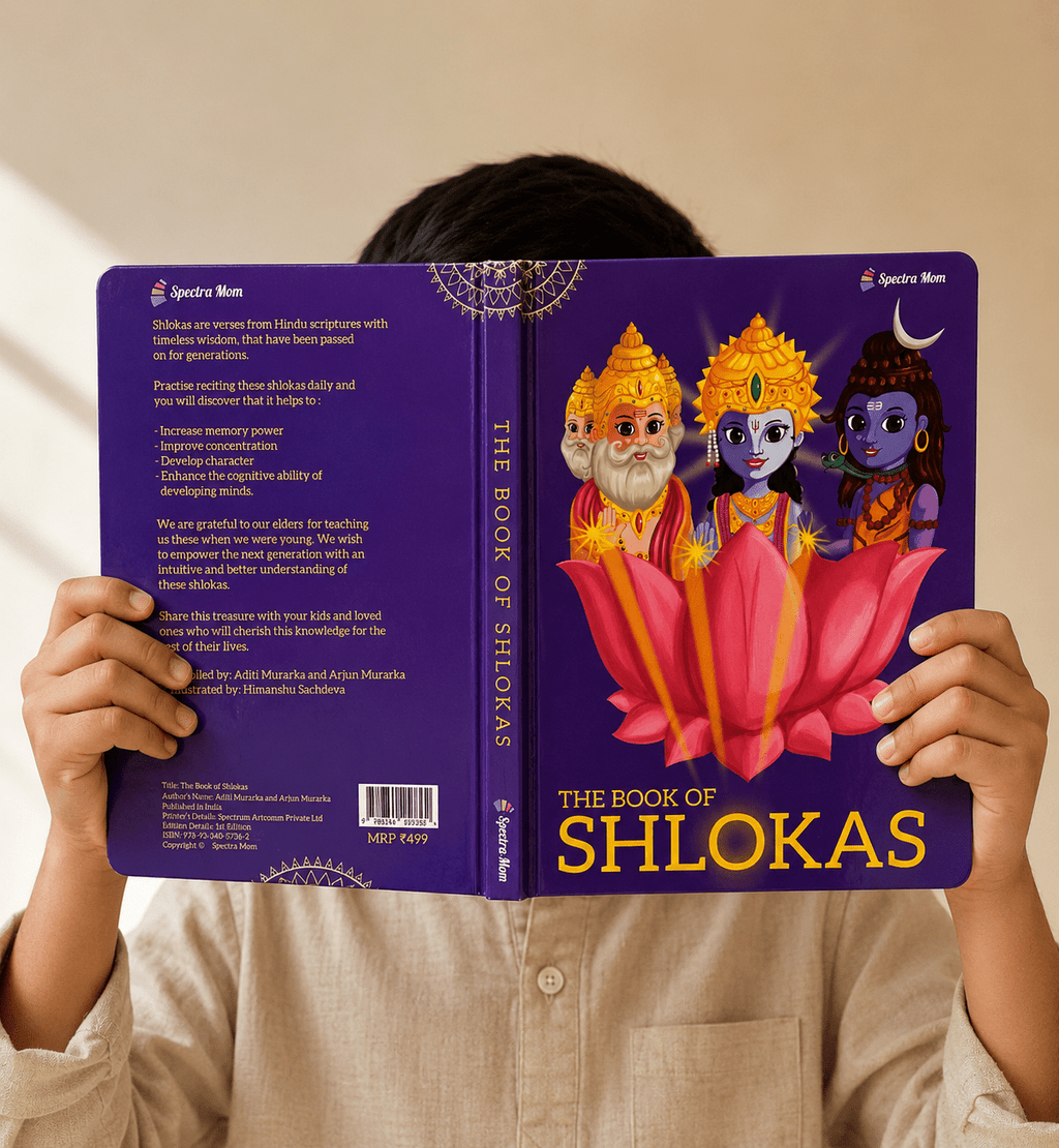 The Book of Shlokas | Compilation of 11 Shlokas & Mantras from Hindu Scriptures | Board Book | Made for all Ages 0-99 | - Spectra Mom